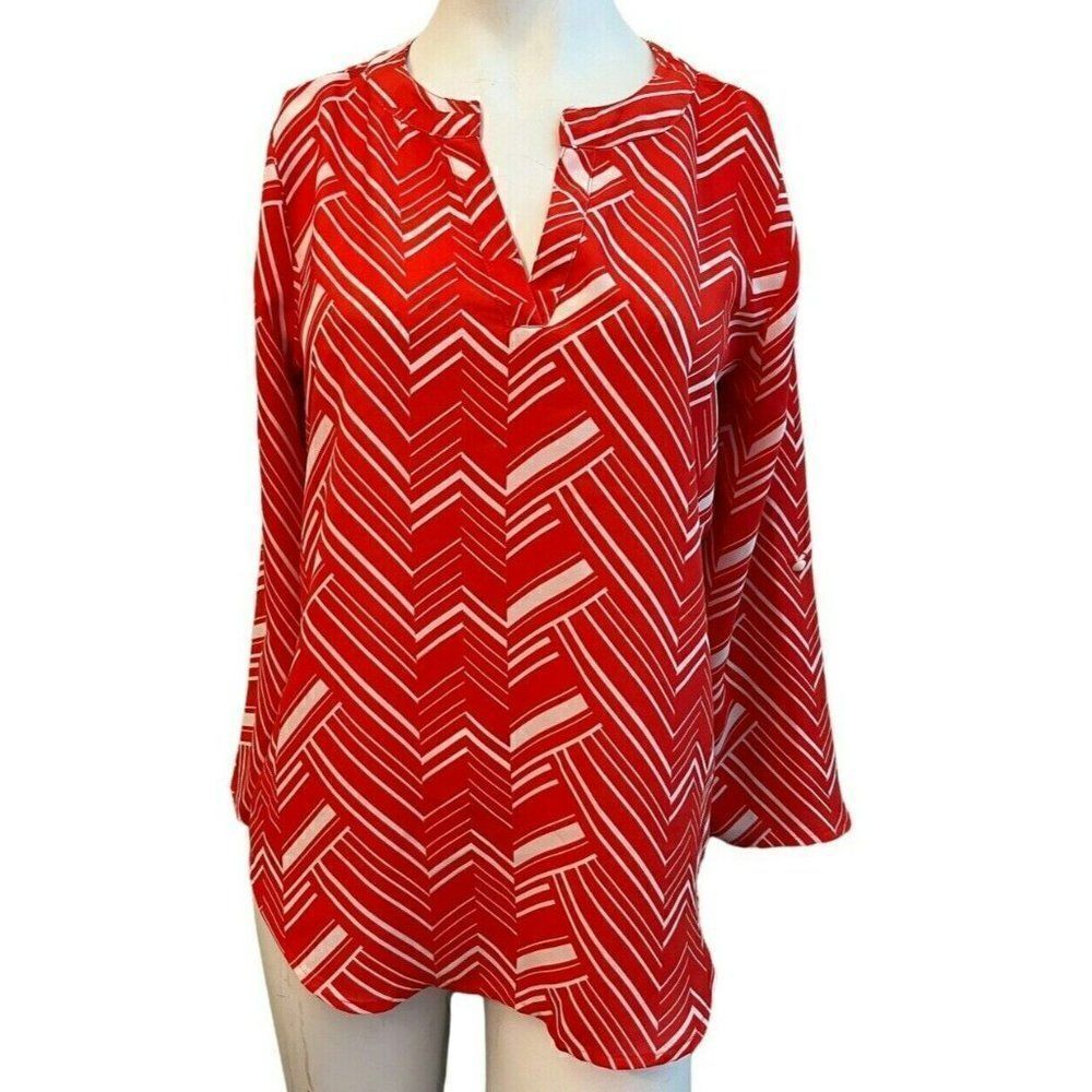 CATO Women's Small Orange & White Blouse Chevron Roll Tab Sleeves Relaxed Top
